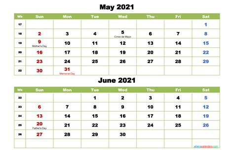 May And June 2021 Calender